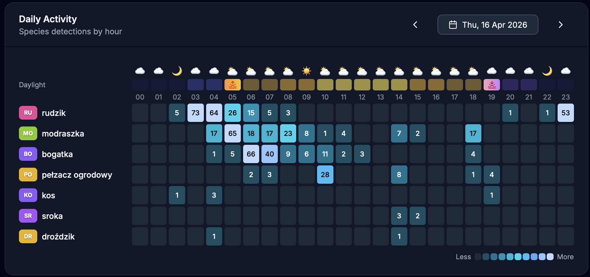 BirdNET-Go daily activity view from a typical April day.